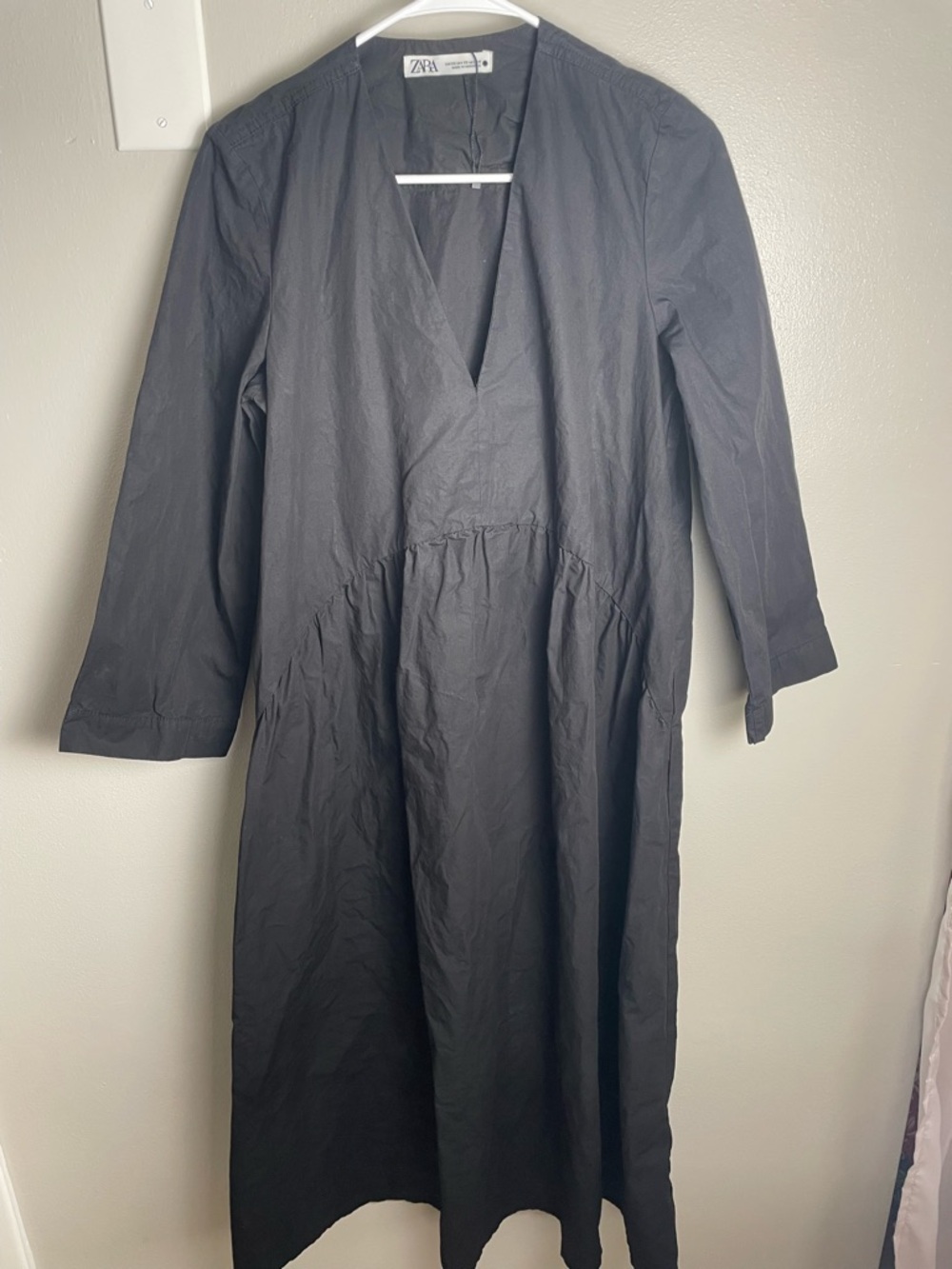Zara Black Long Sleeve V-Neck Long Dress with Pockets- Oversized 100% Cotton
